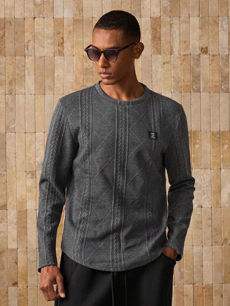 Manfinity NXTstreet 针织休闲圆领百搭日常灰色长袖T恤 - 深灰色 - 查看 1