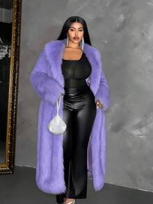 Maweii 大码女式纯色翻领长袖宽松仿皮草外套 - 淡紫色 - 查看 3