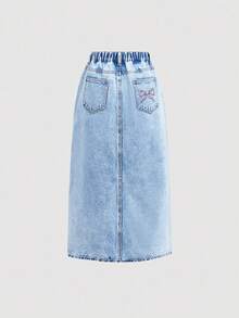 SHEIN Girlism Tween Girls Y2K Light Washed High Waist Pink Bowknot Flowers Embroidered Pocketed Cute Long Skirt Casual Baggy Jeans Skirt, Girls Fall Winter Back To School Homecoming Jeans,Girls Pants Streetwear Vintage Outfits,Comfortable And Versatile, For 8-12 Years Old Girls, Suitable For School, Home And Travel