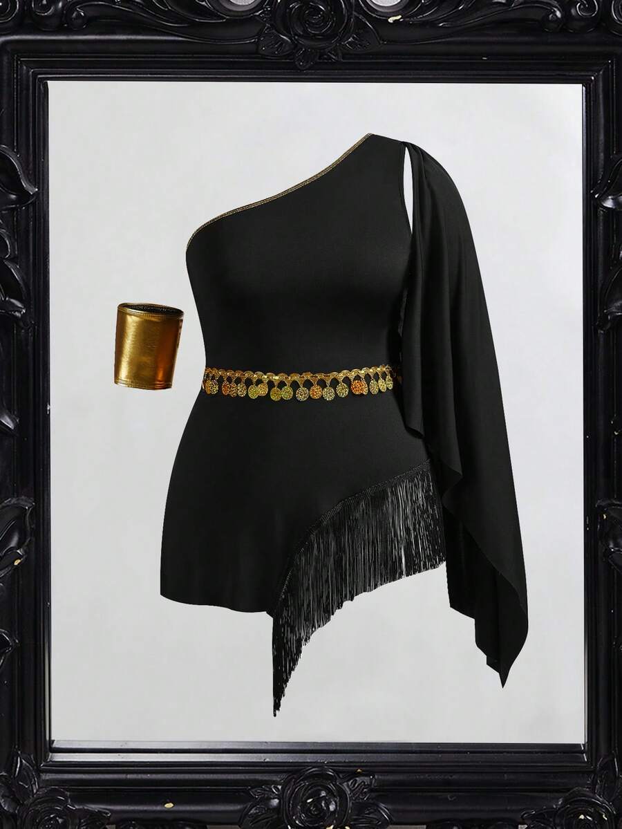 Plus Size Women's Fringed One Shoulder Costume, Suitable For Party Roleplay - Black - View 1