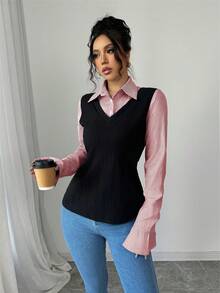 SHEIN Elenzya 女士休闲撞色条纹长袖常规款上衣，秋季 - 紅色 - 查看 3