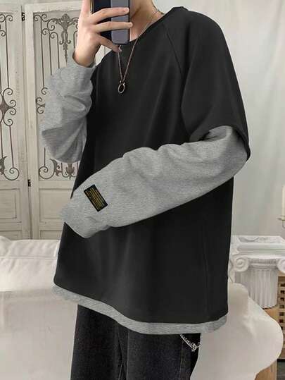 Claim Dot Loose Men's Letter Patched Raglan Sleeve 2-In-1 Sweatshirt Y2k Long Sleeve Men Oversized Gym Shirts Men Men S Oversized Streetwear Streetwear Men Shirts Y2k Grey Shirt Men