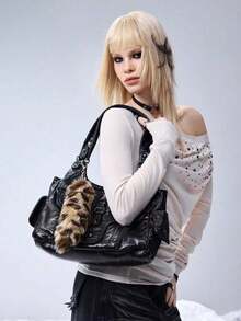 ROMWE Goth 1 pieza Llavero con dije de cola de estampado de leopardo y tigre marrón esponjoso con estilo retro Y2K de lujo, adecuado para cosplay, uso diario y regalos - Marrón - Ver 4