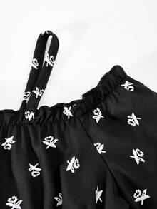 SHEIN Explorewe ChillGRL 年轻女孩优雅编织数码印花露肩露背喇叭袖不对称连衣裙，适合春秋季休闲日常穿着、派对、度假 - 黑色 - 查看 6