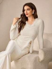 Modelyn 女士优雅V领羊毛混纺拼接毛领修身下摆开衩杏色T恤，秋冬款 - 杏色 - 查看 7