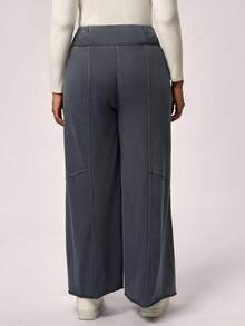 SHEIN Tall CURVE 大尺碼女款休閒純色針織寬鬆寬腿水洗長褲，適合秋冬穿著 - 深灰色 - 查看 2