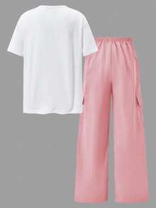 SHEIN ChillGRL 2件套青少年女孩休闲动漫女孩图案T恤和阔腿工装裤套装