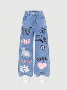 SHEIN Explorewe Jeans de pierna ancha y suelta con estampado de moda, efecto desgastado, lavado azul medio para niñas preadolescentes - Azul lavado medio - Ver 6