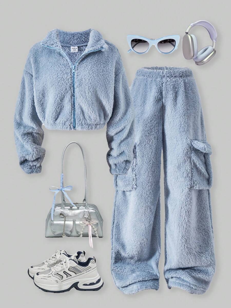 SHEIN ChillGRL 2pcs/Set Tween Girls ME Loose Casual Soft Fleece Turtleneck Jacket & Cargo Pocket Pants Suit, Suitable For Daily Commute, Leisure, Vacation, Gathering, Street Photography, Autumn/Winter Fall