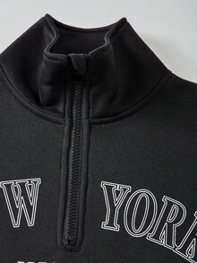 SHEIN ChillGRL 青少年女孩抓絨內裡 2 件套 半拉鍊運動衫與長褲 NY 字母印花休閒運動居家服 秋冬運動套裝 - 黑色 - 查看 5