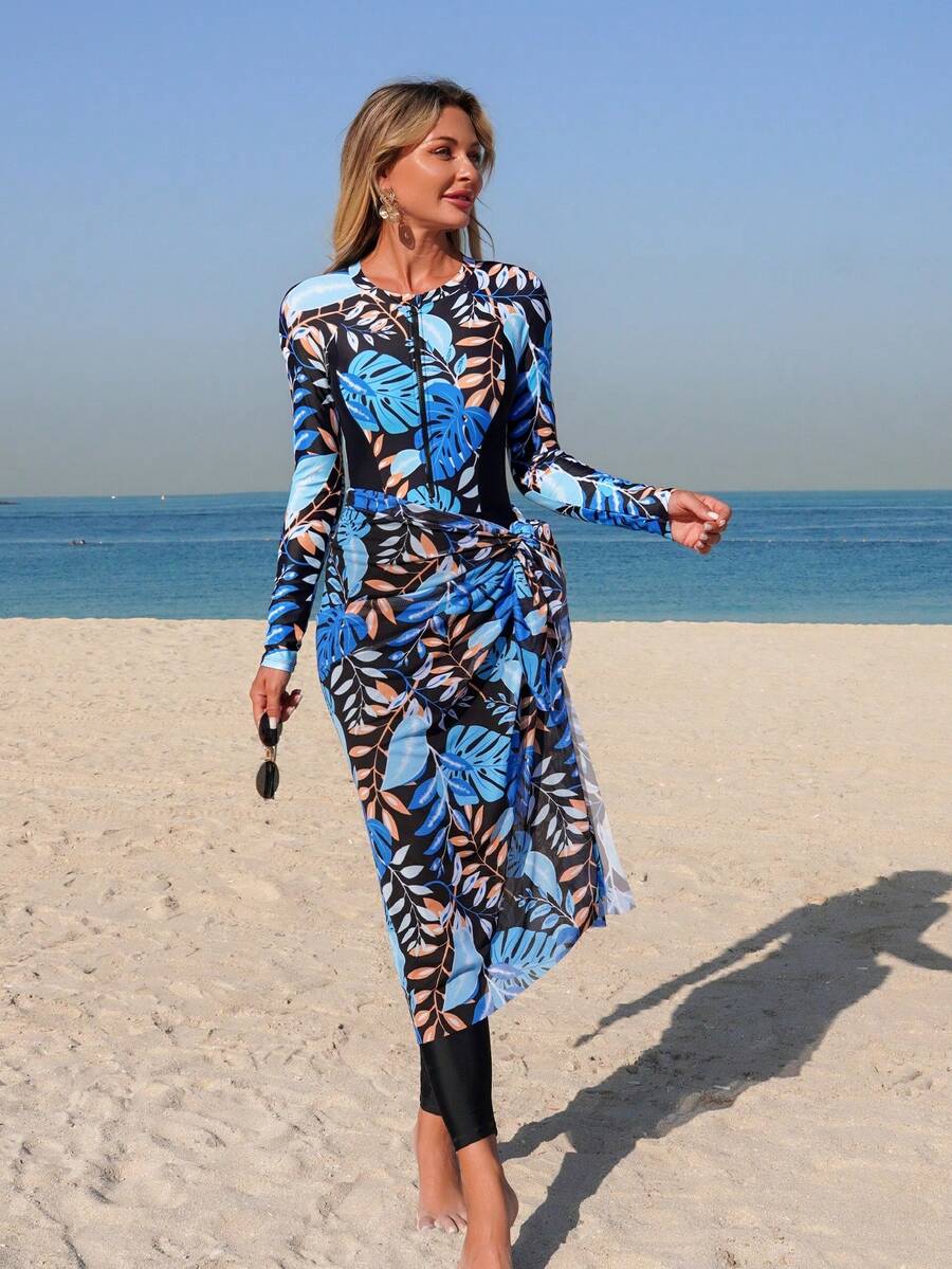 SHEIN Swim Mulvari Bộ 3 món bán chạy nhất cho kỳ nghỉ hè đi biển: Áo tắm liền thân tay dài in hoa, khóa kéo phía trước + Quần cạp chun màu trơn + Áo khoác ngoài bằng vải lưới in hoa. - Nhiều màu - Xem 1