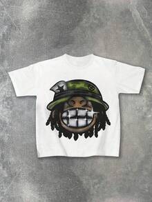 SHEIN Coolqubz 青少年男童黑色印花短袖T恤，时尚舒适，毕业礼物佳选，春夏款