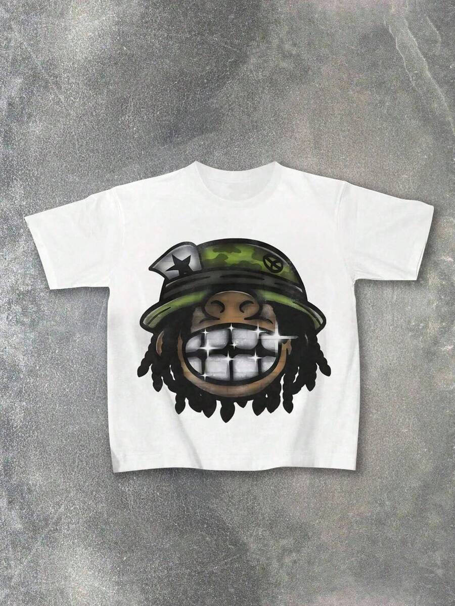 SHEIN Coolqubz 青少年男童黑色印花短袖T恤，时尚舒适，毕业礼物佳选，春夏款