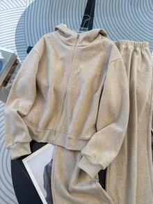 Franclia Women's Solid Color Long Sleeve Zip-Up Hoodie And Sweatpants 2 Pieces Set - Khaki - View 4