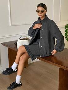 DAZY Elegantes formelles 2-teiliges Damen-Set: Einfarbige, locker sitzende Woll-Jacke mit Rollkragen und Langarm sowie gerade geschnittener, ausgestellter Rock, Herbst/Winter - Grau - Übersicht 6