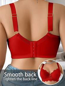 DesireSculpt 1pc Plus Size Solid Color Lace Sexy Comfortable Breathable Underwire Bra - Red - View 2