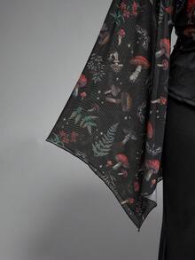 ROMWE Fairycore Vintage Mushroom, Floral & Mesh Print Front Twist Knot Plus Size Women Flare Sleeve Top - Multicolor - View 3