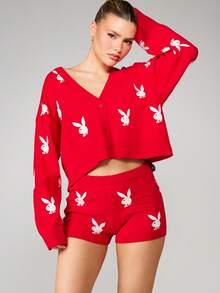 Missguided x Playboy Christmas Bunny Print Cropped Cardigan And High Waisted Booty Shorts Knit Lounge Set Casual Winter Sweater Coord Two Piece - Red - View 4