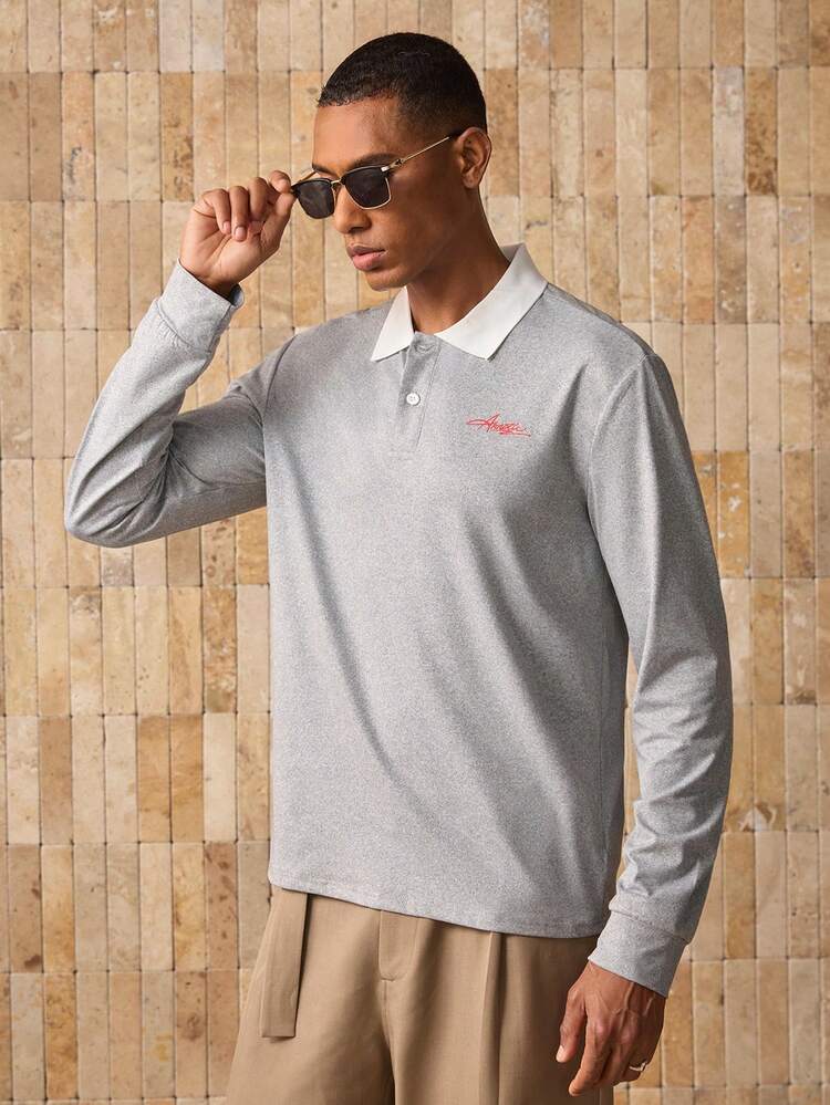 Men's Letter Print Contrast Color Long Sleeve Casual Commuter Polo Shirt
