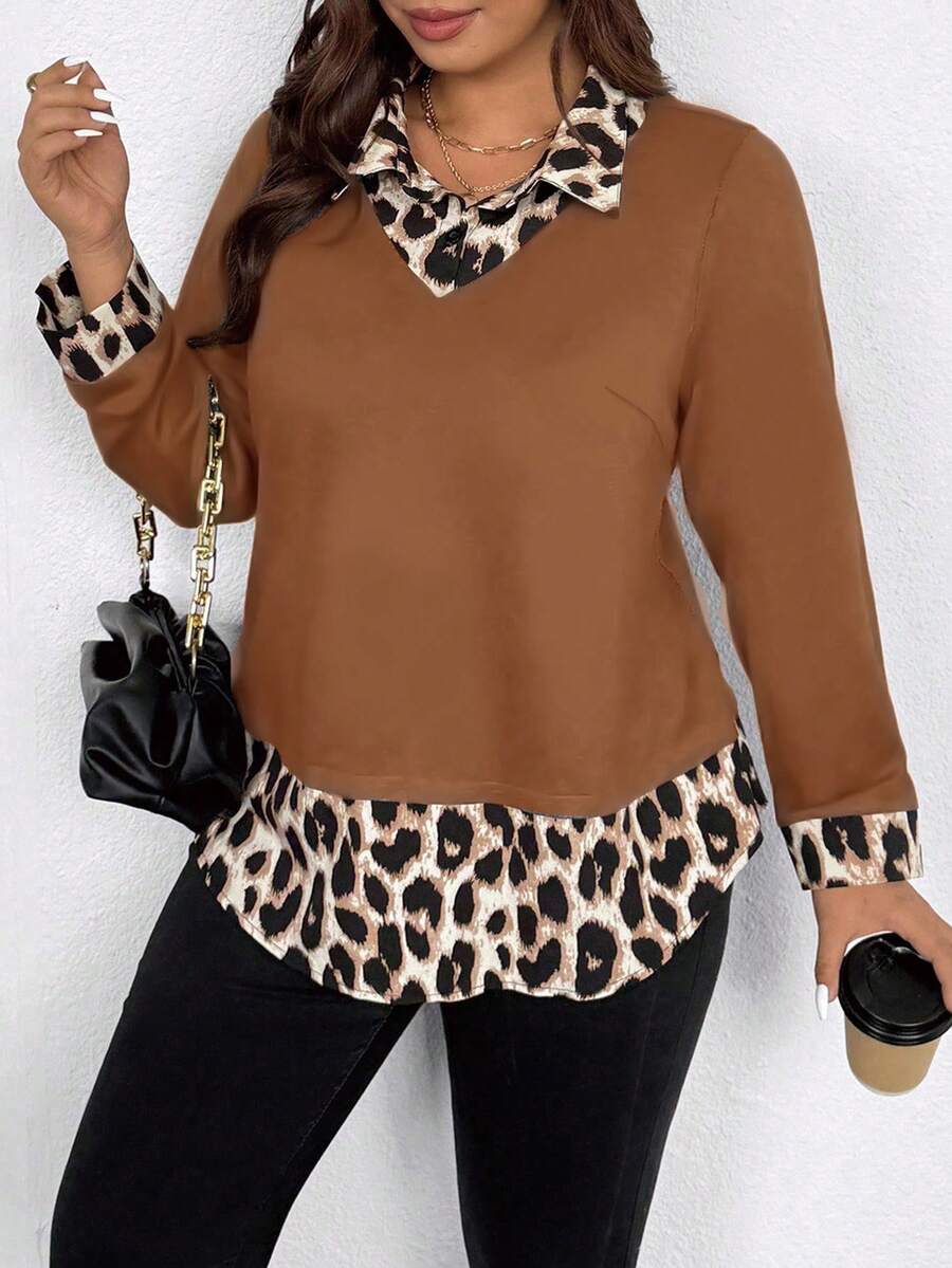 EMERY ROSE Áo sơ mi 2 trong 1 in họa tiết thường ngày cỡ lớn dành cho nữ - trái cam - Xem 1