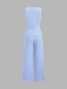 Sweetra Bộ đồ dệt kim cao cấp tối giản, cổ điển, thanh lịch dành cho nữ - Áo vest không tay và quần ống rộng ống đứng - Xanh và trắng - Xem 4