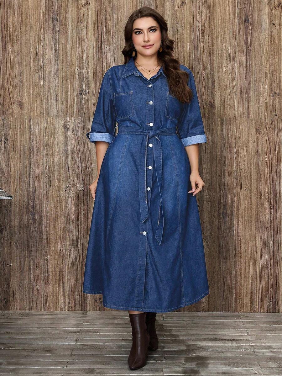 EMERY ROSE Váy denim thắt lưng thanh lịch cho nữ cỡ lớn - Rửa trung bình - Xem 1