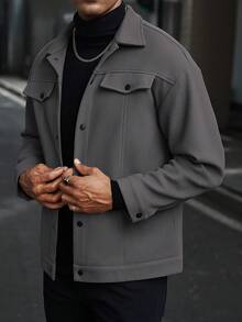 Manfinity CasualCool 男士休闲纯色夹克，秋季男士夹克，灰色夹克，短款男士夹克，男士衬衫式夹克，男士休闲夹克 - 深灰色 - 查看 5