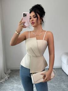 Elenzga Áo hai dây nữ thanh lịch, xếp ly không đối xứng, eo nhún, màu trơn, hợp thời trang cho thường ngày, tiệc tùng và tụ tập - Màu be - Xem 3