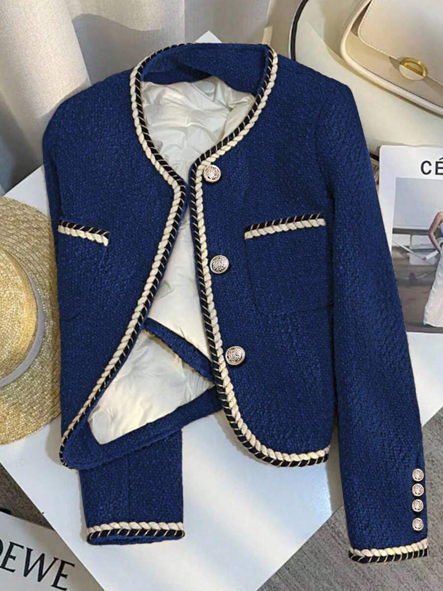 Franclia Áo khoác ngắn vải tuýt chắp vá thời trang thu đông dành cho nữ, phong cách đi làm năng động - Màu xanh hải quân - Xem 1