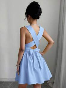 Franclia 女士浪漫优雅性感婚礼宾客纯色交叉 V 领无袖 A 字迷你连衣裙，演唱会服装百搭设计，适合海滩、派对、春夏口袋晚礼服露背奶油黄短裙