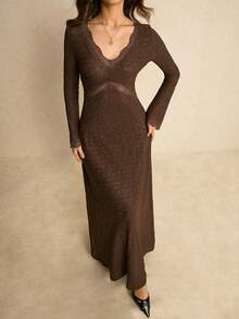 Poéselle 女士撞色蕾丝V领长袖优雅连衣裙 - 咖啡 - 查看 6