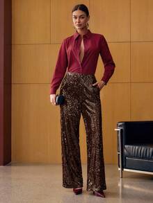 MOTF PREMIUM SEQUIN EMBROIDERED STRAIGHT-LEG PANTS - Coffee Brown - View 1