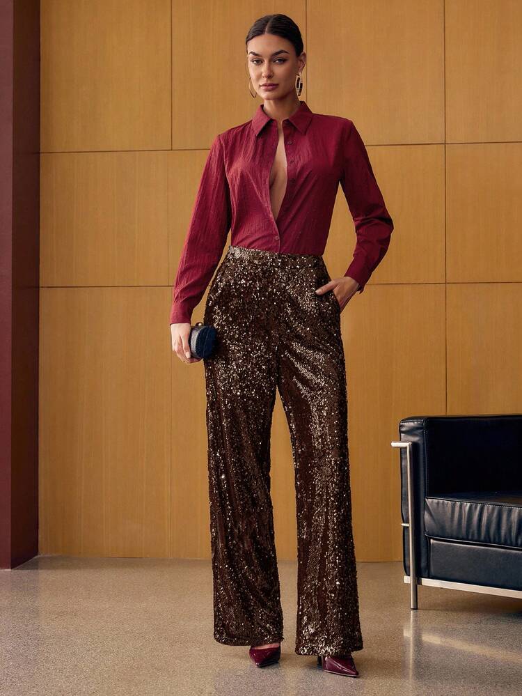 SEQUIN EMBROIDERED STRAIGHT-LEG PANTS