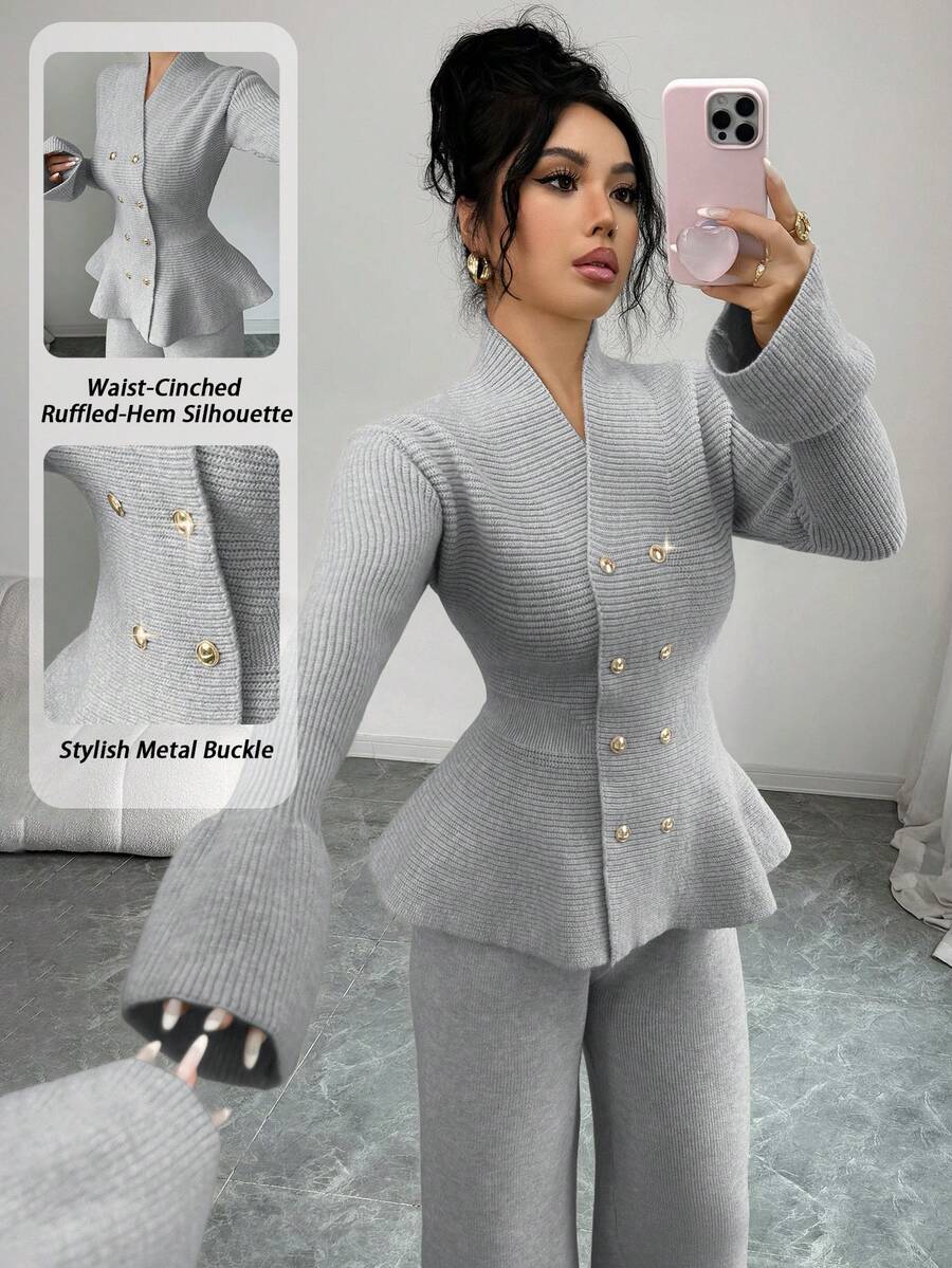 Elenzga Zestaw 2 szt.: Elegancki, swobodny kardigan w kolorze niebieskim, ze stójką, rozszerzanymi rękawami i ściągaczem w pasie oraz prostym swetrem dzianinowym, jesień/zima - Szary - Zobacz 1