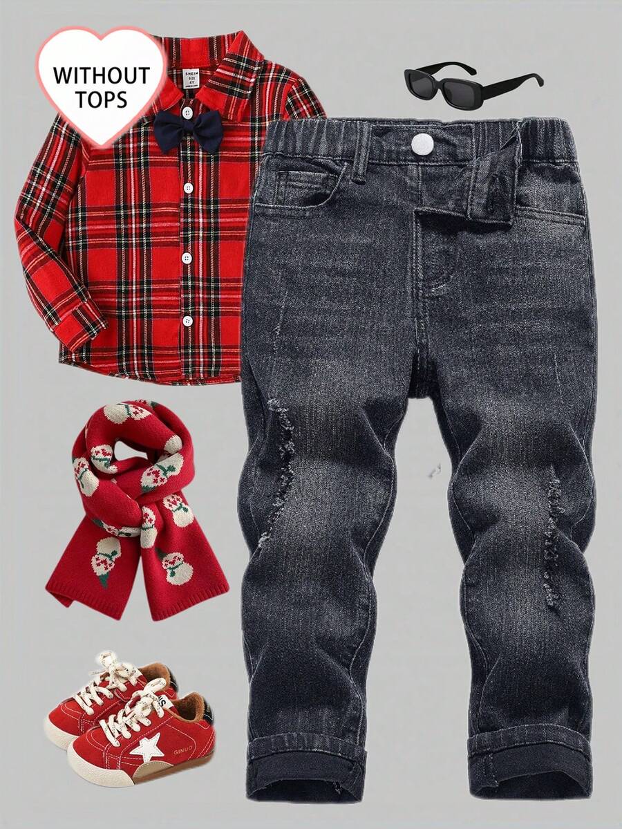 Jungen Allround Lässig + Schwarze verwaschen Slim Fit einfache vielseitige tägliche bequeme Stretch Jeans, ein Muss-haben Artikel für modische Kleine Jungen Lässig modische abgenutzte zerrissene bequeme Elastikbund passende dunkelgraue Jeans, geeignet für den täglichen Gebrauch, 2024 Neuankömmling Chic für Herbst/Winter Weihnachten - Schwarz - Übersicht 1