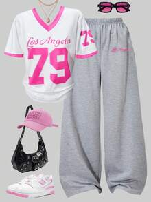 SHEIN ChillGRL 2件套女童休闲V领针织印花T恤和阔腿运动裤套装，春夏时尚运动装 - 彩色 - 查看 8