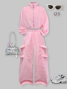 SHEIN ChillGRL 2件組 青少年女孩粉色柔軟抓絨高領夾克與工裝口袋褲套裝 冬季校園 Y2K 80年代休閒街頭風 秋季穿搭 - 粉色 - 查看 3
