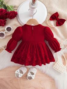 Newborn Baby Girl Casual Cute Red Knit Patchwork Floral Mesh Bodysuit