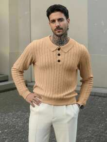 Manfinity Homme 男士休闲纯色针织衫，秋冬男士针织衫衬衫，米色男士纽扣针织Polo衫，杏色男士，秋冬 - 橘色 - 查看 3