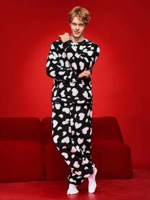 Notgurli 男士心形装饰抓绒睡衣上衣，情人节 - 黑色 - 查看 3