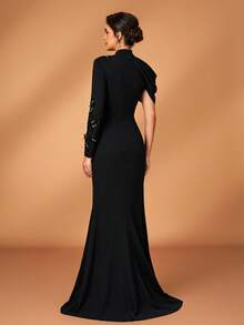 Serin Elegant Luxurious Faux Pearl Beaded Lace Applique Patchwork Elastic Knit Ruched Sleeve Mermaid Hem Dress, Suitable For Wedding, Party, Holiday, Bridal, Mother Of The Bride Evening Gown, Valentine's Day - Black - View 4