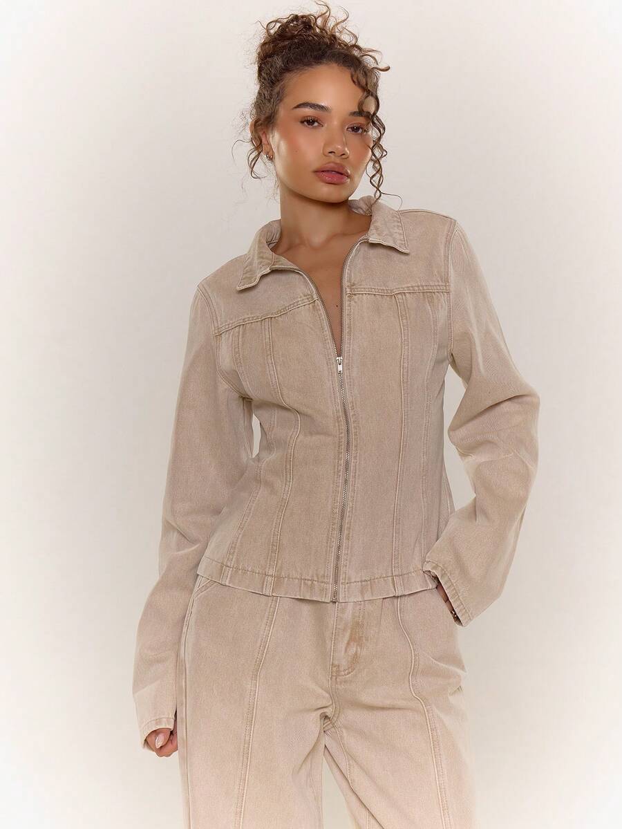 MUSERA Washed Bleached Denim Paneled Zip Down Collared Jacket Only Old Money Cute Country Cottage Core Back To School Casual For Women Butterscotch Back To School Office Work Winter Spring Summer - Beige - View 1