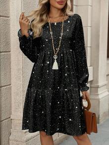 EMERY ROSE Vestido negro suelto de cuello redondo con estampado gráfico de brillo plateado de estilo minimalista y versátil, adecuado para otoño/invierno, uso diario, Navidad, fiesta de Año Nuevo, talla grande - Negro - Ver 6
