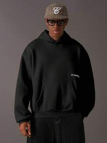 STYNVO 男士保暖内衬休闲字母图案宽松落肩连帽卫衣，秋季男士黑色印花连帽衫街头风短款连帽衫 - 黑色 - 查看 4