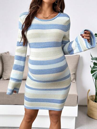 SHEIN Vestido de punto ajustado con bloques de color y rayas para embarazadas en otoño/invierno