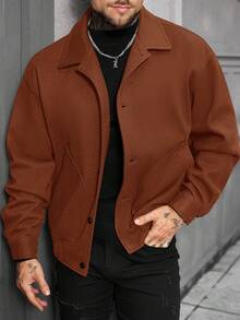 Manfinity Homme 男士純色單排扣休閒羊毛混紡夾克，秋冬男士外套，棕色襯衫夾克，休閒男裝夾克 - 鏽棕色 - 查看 5