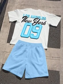 Manfinity EMRG 男士字母及肖像印花T恤和抽绳腰短裤套装 - 彩色 - 查看 2