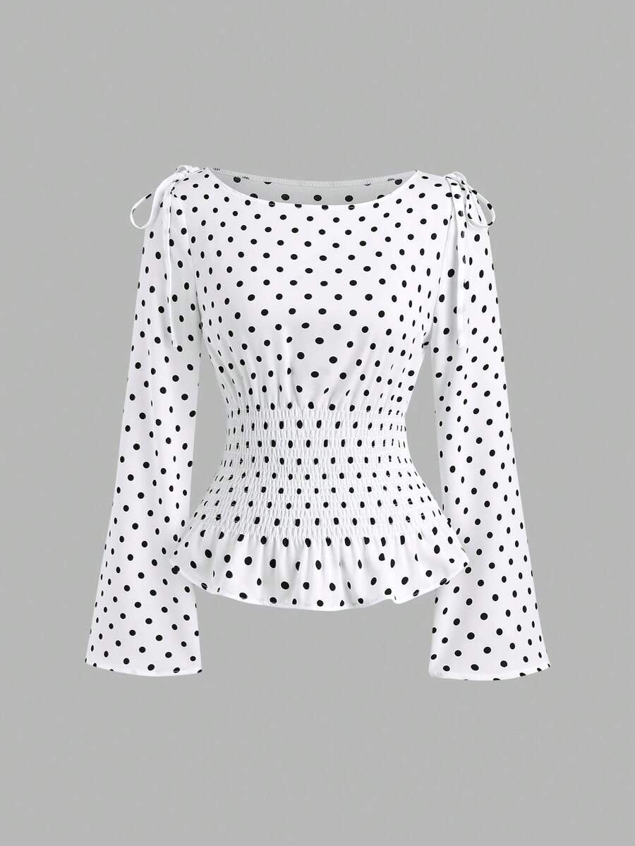 Sweetra New Autumn/Winter French Elegant Fashion Polka Dot Shoulder Bow Tie Waist Slimming Casual Commute Versatile Bell Sleeve Women Blouse - White - View 1