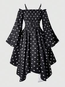 SHEIN Explorewe ChillGRL 年轻女孩优雅编织数码印花露肩露背喇叭袖不对称连衣裙，适合春秋季休闲日常穿着、派对、度假 - 黑色 - 查看 4