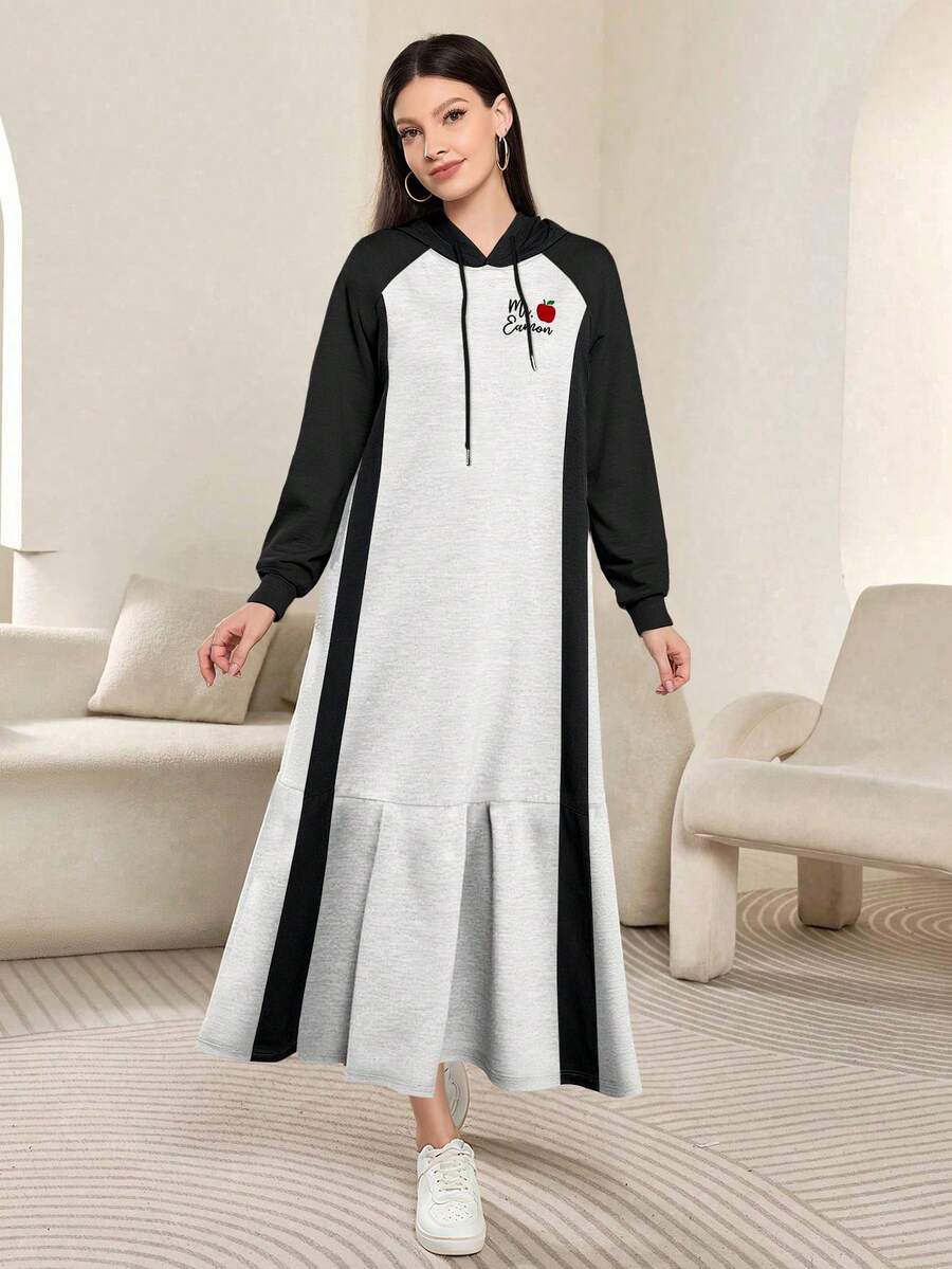 Modelyn 简约苹果印花连帽长袖连衣裙,适合女性,休闲春秋季穿着 - 彩色 - 查看 1